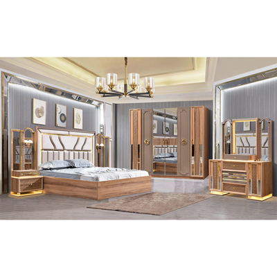 Estilo turco de luxo Quadro de madeira King Size Set de cama Led Headboard Modern Classic Full Home Set de quarto de madeira Mobiliário