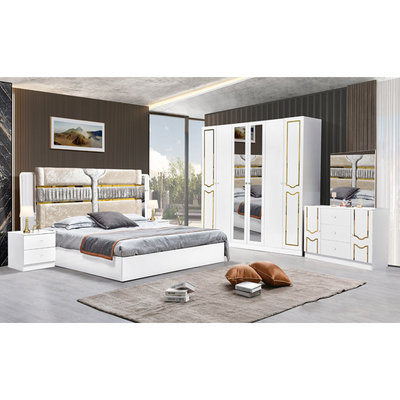 Quadro de madeira branca de alto brilho Suíte de cama dupla de luxo King Size Modern Design Mdf Full Set Mobiliário de quarto