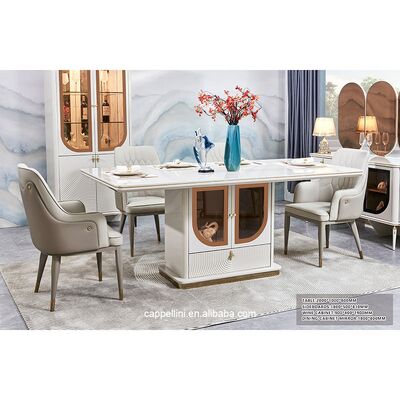 Elegante mesa de jantar de luxo e cadeiras conjunto de 6 lugares móveis de casa de armazenamento branco completo moderno grande conjunto de sala de jantar de madeira