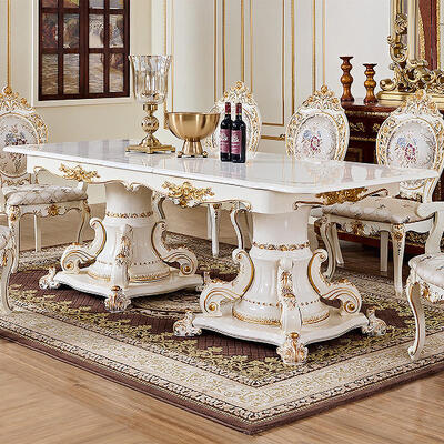 França Royal Luxury Mesa de Jantar Branca de Madeira Conjunto de 6 Cadeiras de Assentos Mobiliário de Vila Europeus Clássicos Largos Conjunto de Sala de Jantar de Madeira
