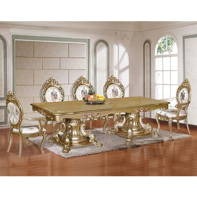 Conjunto de mesa de jantar de luxo clássico de madeira dourada com 6 cadeiras, estilo europeu, antigo, para casa, grande, de madeira, conjuntos de sala de jantar, móveis