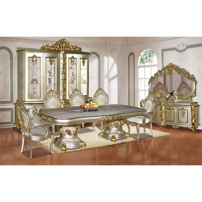Antigo clássico de madeira luxuoso conjunto de sala de jantar mobiliário completo de ouro vintage europeu grande mesa de jantar de madeira conjunto de 6 lugares