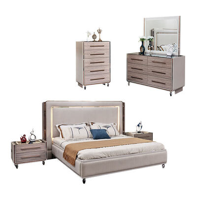 King Size LED Headboard Luxury Bedroom Set de madeira Quadro de quarto moderno quarto de casa duplo conjunto completo de móveis de quarto
