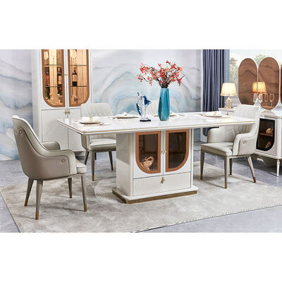 Elegante mesa de jantar de luxo e cadeiras conjunto de 6 lugares móveis de casa de armazenamento branco completo moderno grande conjunto de sala de jantar de madeira