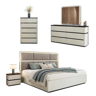 Chambre a coucher completo conjuntos de quarto luxo iluminado cabeceira king size cama quadro madeira duplo moderno conjunto móveis do quarto
