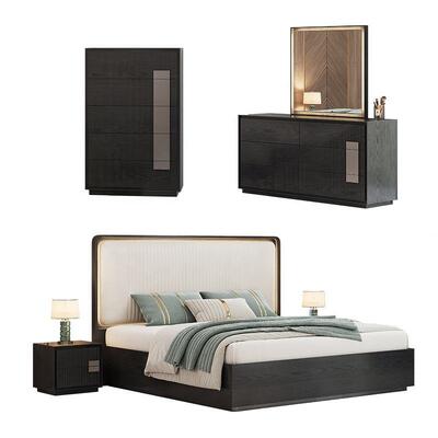 Minimalista King Size Cama Luxury Bedroom Sets Hotel Apartamento Armazém de madeira Mobiliário moderno de quarto conjunto com armário lateral