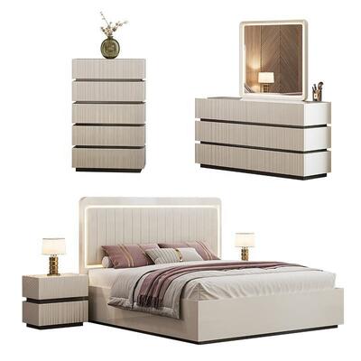 Conjunto de quarto luxuoso moderno king size, cama de casal, led, cabeceira, hotel, casa, quarto principal, conjunto completo de móveis de madeira