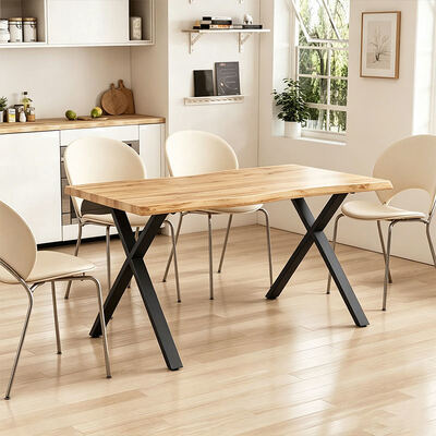 Estilo minimalista retângulo mesa de jantar de borda ao vivo base de metal móveis de sala de jantar de madeira mesa de jantar moderna conjunto de 6 lugares