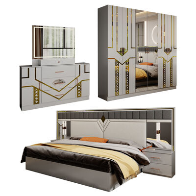 Conjunto Completo de Móveis de Quarto de Luxo de Madeira Tamanho Queen, Guarda-Roupa, Cômoda e Cama King Dupla de Couro com Design Moderno para Venda por Atacado