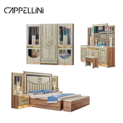 Luxo Ouro Madeira Duplo Couro King Size Cama Madeira Casa Moderna Full Set de Mobiliário de Quarto