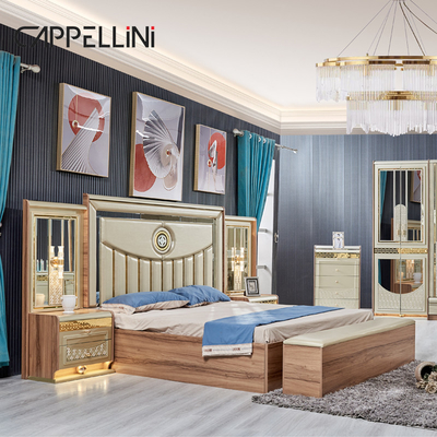 Luxo Ouro Madeira Duplo Couro King Size Cama Madeira Casa Moderna Full Set de Mobiliário de Quarto
