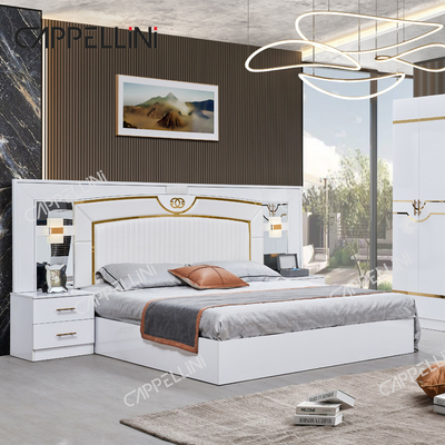 Luxo de madeira branca de couro duplo King size cama casa quarto mestre moderno quadro de madeira conjunto de móveis de quarto completo