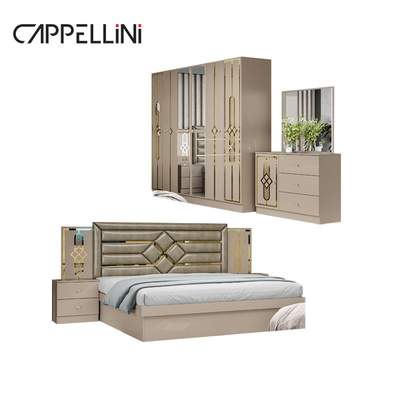 Preço Barato Tamanho Rainha Cabeçalho de madeira Leather Bed Modern Rom Suite Luxury King Size Mdf Set de móveis de quarto completo