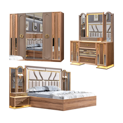 Estilo turco de luxo Quadro de madeira King Size Set de cama Led Headboard Modern Classic Full Home Set de quarto de madeira Mobiliário