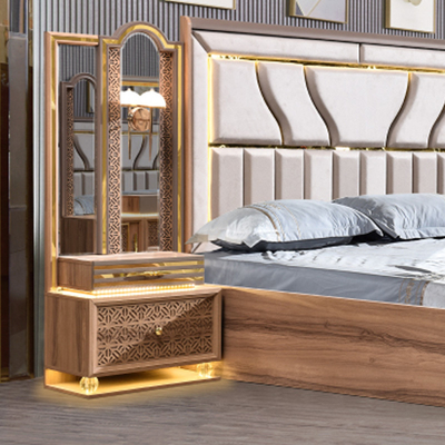 Estilo turco de luxo Quadro de madeira King Size Set de cama Led Headboard Modern Classic Full Home Set de quarto de madeira Mobiliário