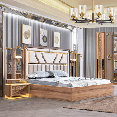 Estilo turco de luxo Quadro de madeira King Size Set de cama Led Headboard Modern Classic Full Home Set de quarto de madeira Mobiliário