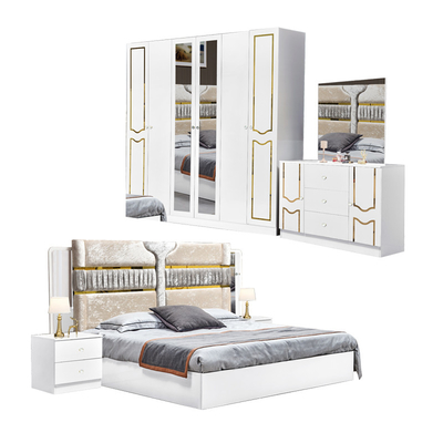 Quadro de madeira branca de alto brilho Suíte de cama dupla de luxo King Size Modern Design Mdf Full Set Mobiliário de quarto
