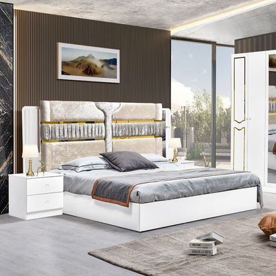 Quadro de madeira branca de alto brilho Suíte de cama dupla de luxo King Size Modern Design Mdf Full Set Mobiliário de quarto