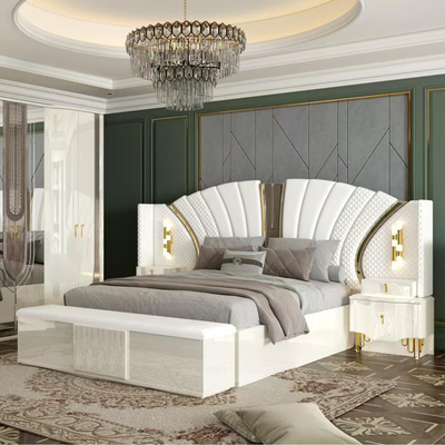 OEM Varejo Grosso Branco Real Luxo Dormitório Duplo King Size Master Room Casa Moderna Armazém de Madeira Conjunto completo de móveis de quarto