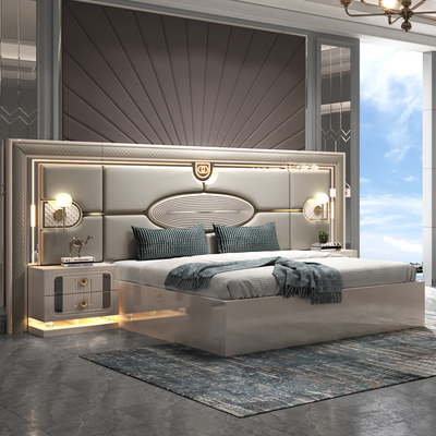 Modern Luxury Wood Frame Double King Size Bed Set Villa Home Master Room Queen Leather Madeira Mdf Full Furniture Quartos de quarto conjuntos