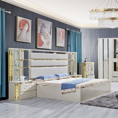 Modern Luxury Villa Madeira Quadro King Size Cama Casa Real Clássica Madeira Rainha Duplo Couro Set de Móveis de Quarto Completo