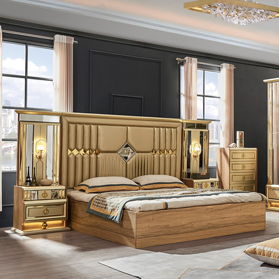 Cama de madeira de ouro moderno de tamanho King Cama dupla de quarto principal Vila Casa Real Full Queen Madeira Luxury Set de móveis de quarto
