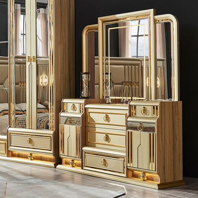Cama de madeira de ouro moderno de tamanho King Cama dupla de quarto principal Vila Casa Real Full Queen Madeira Luxury Set de móveis de quarto