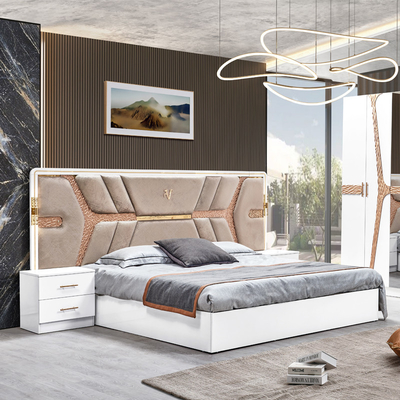 Estilo turco de luxo Quadro de madeira King Size Set de cama Led Headboard Modern Classic Full Home Set de quarto de madeira Mobiliário