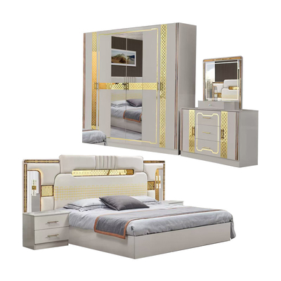 Estilo turco de luxo Quadro de madeira King Size Set de cama Led Headboard Modern Classic Full Home Set de quarto de madeira Mobiliário
