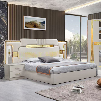 Estilo turco de luxo Quadro de madeira King Size Set de cama Led Headboard Modern Classic Full Home Set de quarto de madeira Mobiliário
