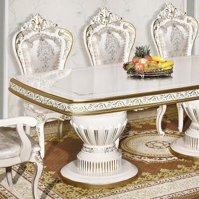 Tabela de jantar de madeira clássica branca antiga 6 cadeiras assento europeia de madeira real grande luxo casa sala de jantar mobiliário