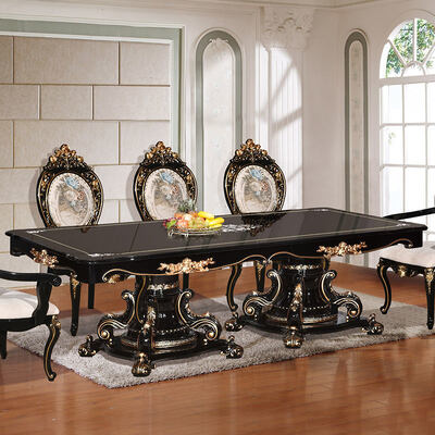 Conjunto de Mesa de Jantar de Luxo Estilo Clássico Europeu com 6 Cadeiras, Mobiliário Completo para Casa, Antigo, de Madeira, Grande, para Sala de Jantar