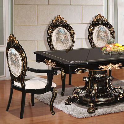 Conjunto de Mesa de Jantar de Luxo Estilo Clássico Europeu com 6 Cadeiras, Mobiliário Completo para Casa, Antigo, de Madeira, Grande, para Sala de Jantar