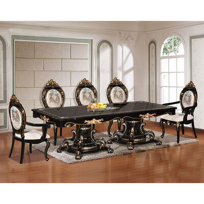 Conjunto de Mesa de Jantar de Luxo Estilo Clássico Europeu com 6 Cadeiras, Mobiliário Completo para Casa, Antigo, de Madeira, Grande, para Sala de Jantar