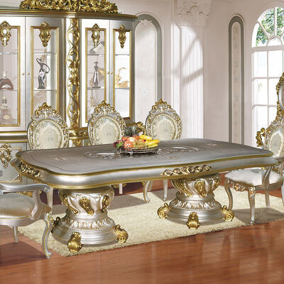 Antigo clássico de madeira luxuoso conjunto de sala de jantar mobiliário completo de ouro vintage europeu grande mesa de jantar de madeira conjunto de 6 lugares