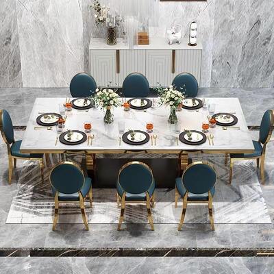Conjunto de Mesa de Jantar de Luxo Completo com Design Moderno, 8 Lugares, Móveis para Sala de Jantar, Tampo de Mármore Branco, Conjunto de Mesa de Jantar de Luxo
