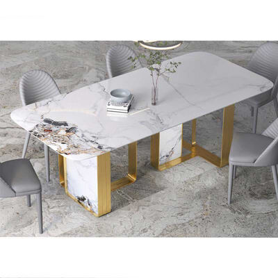 Design italiano Modern Metal Mesa de jantar e cadeira casa mobiliário Sala de jantar Slate de mármore Luxury mesa de jantar