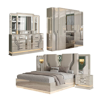 Quarto adulto moderno de estilo turco Suíte de cama dupla Armazenamento em madeira Luxo King Size Conjunto completo de móveis de quarto