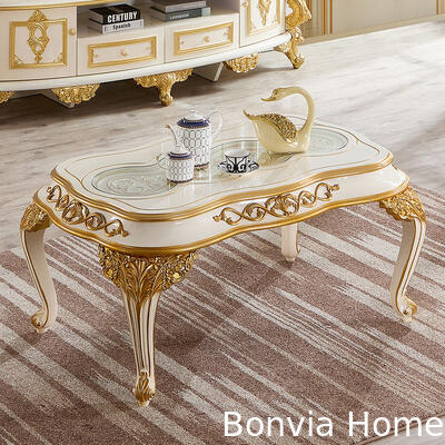 Conjunto de Mesa de Centro de Café de Luxo Dourado Estilo Europeu Mobiliário Doméstico Clássico Francês Grande Mesa de Centro de Madeira para Sala de Estar