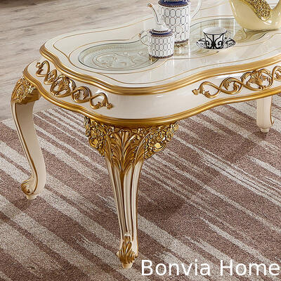 Conjunto de Mesa de Centro de Café de Luxo Dourado Estilo Europeu Mobiliário Doméstico Clássico Francês Grande Mesa de Centro de Madeira para Sala de Estar