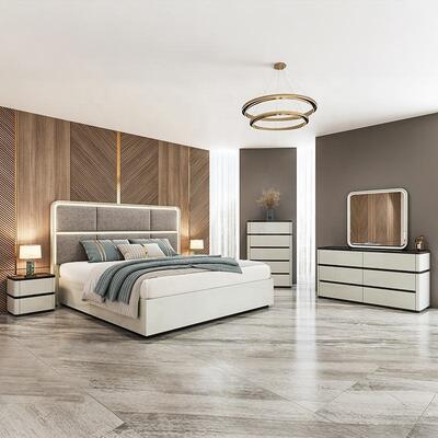 Chambre a coucher completo conjuntos de quarto luxo iluminado cabeceira king size cama quadro madeira duplo moderno conjunto móveis do quarto