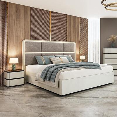 Chambre a coucher completo conjuntos de quarto luxo iluminado cabeceira king size cama quadro madeira duplo moderno conjunto móveis do quarto
