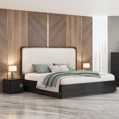 Minimalista King Size Cama Luxury Bedroom Sets Hotel Apartamento Armazém de madeira Mobiliário moderno de quarto conjunto com armário lateral