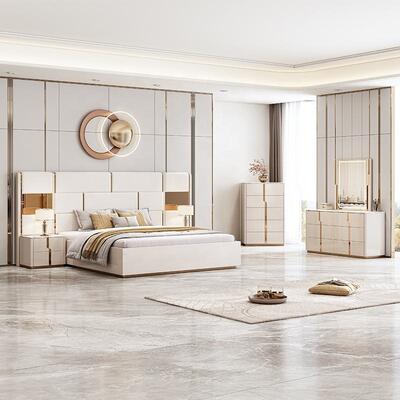 Novo design de luxo king size cama dupla mobiliário moderno conjunto de quarto de madeira conjuntos de quarto com mesa de vestiário caixa de gavetas
