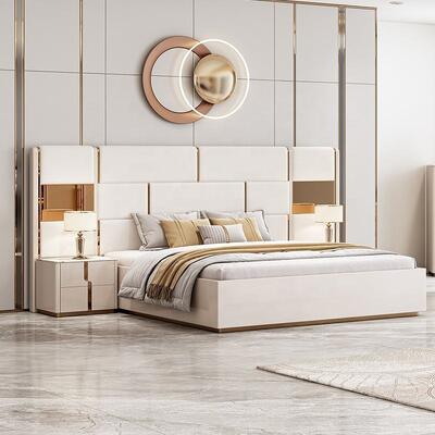 Novo design de luxo king size cama dupla mobiliário moderno conjunto de quarto de madeira conjuntos de quarto com mesa de vestiário caixa de gavetas