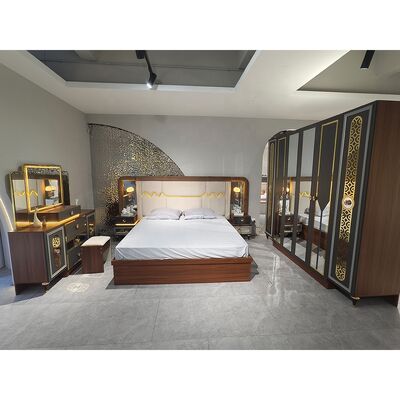 Foshan Wholesale Luxury Complete Bedroom Sets 5 Pieces King Size Bed Suite Frame de madeira Set de mobiliário moderno turco