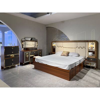 Foshan Wholesale Luxury Complete Bedroom Sets 5 Pieces King Size Bed Suite Frame de madeira Set de mobiliário moderno turco