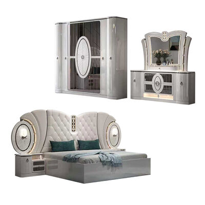 Preço a granel Mobiliário de quarto moderno de luxo Set king tamanho Quadro de cama Quarto mestre Completo conjunto de quarto turco com luzes led