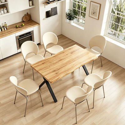 Estilo minimalista retângulo mesa de jantar de borda ao vivo base de metal móveis de sala de jantar de madeira mesa de jantar moderna conjunto de 6 lugares