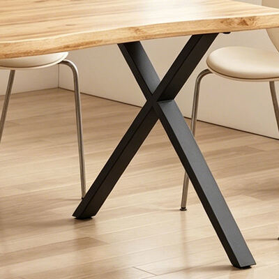 Estilo minimalista retângulo mesa de jantar de borda ao vivo base de metal móveis de sala de jantar de madeira mesa de jantar moderna conjunto de 6 lugares